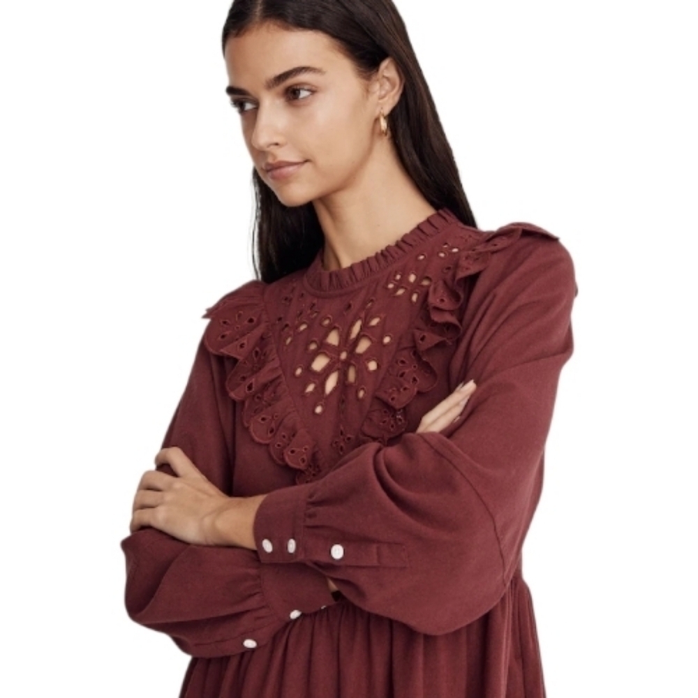 Madewell Embroidered Ruffled Flannel Mini Dress In Vintage Mulberry. Cottagecore - Picture 5 of 14